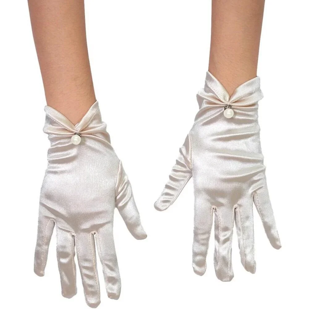 Women's Evening Cream-Satin Tulle Short Lace Gloves Wrist Wedding Bridal Party